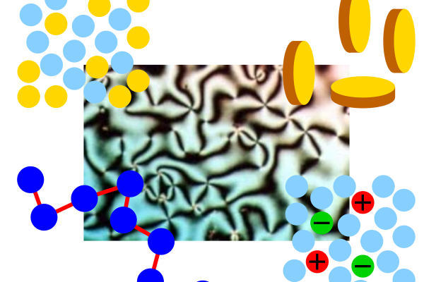 Flüssigkeitsmischungen (l.o.), kolloidale Suspensionen (r.o.), ionische Fluide (r.u.), Polymere (l.u.) und Flüssigkristalle (m.) sind Beispiele komplexer Fluide