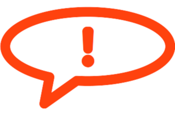 orange Sprechblase mit Ausrufezeichen auf weissem Grund